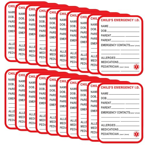 YUPZAR 20 Etichette di Emergenza per Bambini – Carta I.D. Sicurezza per Seggiolino Auto – Adesivo di Contatto Medico ICE per Bambini | Informazioni Mediche, Allergie, Contatti Genitori