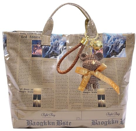 Generisch Tragetasche mit Zeitungsmuster aus PVC mit Anhänger aus Kraftpapier, großes Fassungsvermögen, Retro-Henkeltasche und trendige Schultertasche for Büro, U-Bahn und Reisen(Brown)
