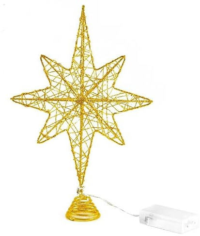 13.5 Inch Gold Glitter Christmas Tree Topper, Hollow Star with 20 Warm White LED Lights, Battery Powered Lighted Tree Topper for Easy Setup, Reusable Metal Angel Topper & Holiday Decorations
