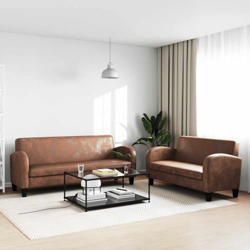 Fangmaliuyun 2+3-Sitzer Sofa-Set Kunstleder Wildlederoptik Braun Massivholz Gestell Ecksofa Alternative 139/183x70x76 cm