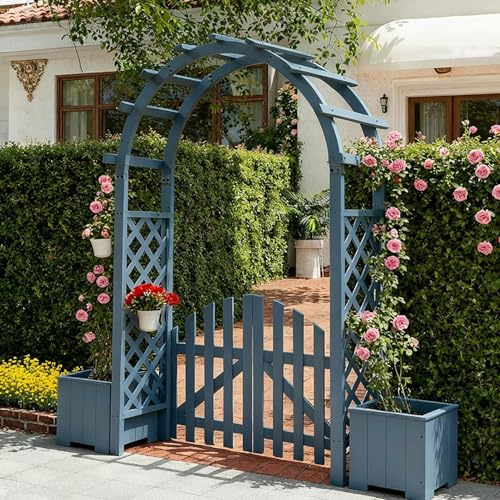 TRAGLO Arche de Jardin en Bois avec Portillon Et Jardinière, Arceau de Jardin Treillis Extérieur, Arche Mariage Pergola Décorative pour Plantes Grimpantes Et Jardin(Bleu,1.4m)