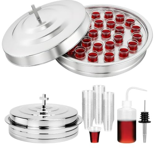 Stainless Steel Holy Communion Tray Set with Lid and Plastic Cup for Church | 40 Cup Church Communion Serving Tray with Communion Cup Filler, Bottle Pourer for Worship Services, Silver