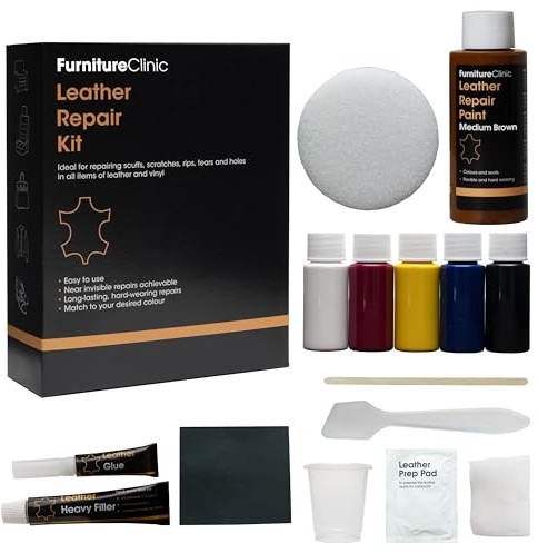 Furniture Clinic Complete Leather Repair Kit (Med Brown) -12 Colour Options for Sofas, Car Seats - Matches All Shades of Leather - Patch, Fill & Touch up Scratches, tears and Other Damaged Areas
