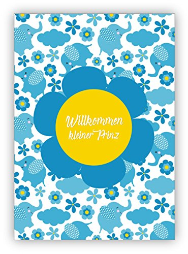 Kartenkaufrausch 4 Stück mit Umschlag Niedliche Retro in hellblau Babykarte als Glückwunsch zum Baby Jungen mit Elefanten und Blümchen: Willkommen kleiner Prinz zauberhafte Willkommens Karte