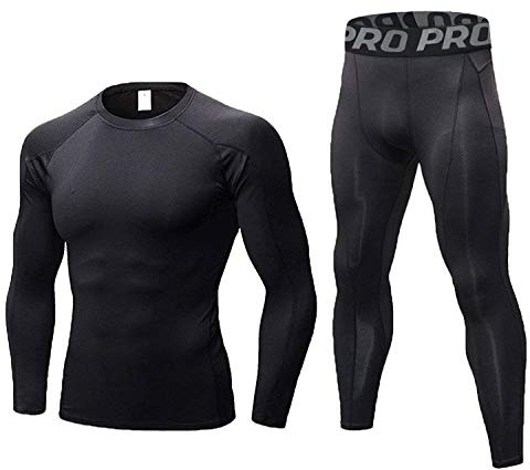 LANBAOSI Ensemble de sous-vêtements Thermique Homme Tee Shirt à Manche Longue & Leggings Set Hiver Ski Jogging Cycliste Gym Combinaisons de Sport Blk Line L