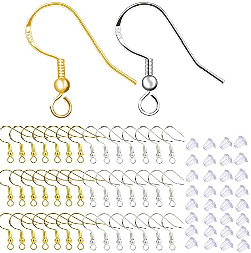 SIOPPKIK 200 Stück ohrhaken 925 Versilberte Ohrringhaken Hypoallergene Ohrhaken für Die Herstellung von DIY Ohrringen mit Durchsichtigen Ohrring Sicherheitsrücken und Biegeringen (Silber und Gold)