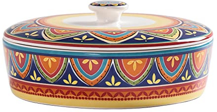 Bico Tunisian Ceramic Tortilla Warmer, 8.9 Inch Tortilla Holder with Lid for Taco Bread Pancake for Mexican Night and Party, Microwave and Dishwasher Safe