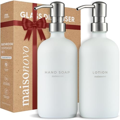 MaisoNovo Seifenspender Bad - 500 ml weiße Seifenspender aus Glas - Silberpumpen x 2