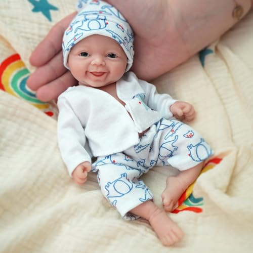 Miaio Reborn Babypuppe 7 Zoll Silikon Puppe Junge Mini Realistische Neugeborene Babypuppen Silikon Ganzkörper Stressabbau für Erwachsene Handgemacht mit Fütterung & Badzubehör