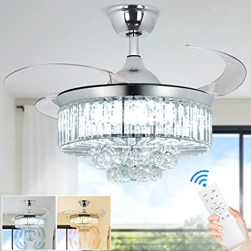 Depuley 36 Inch Crystal Ceiling Fan with Light and Remote, Modern Ceiling Fan Retractable Invisible Blades, Fan Light Ceiling for Living Room, Bedroom, Dining Room, Color Changeable 3000K-6000K