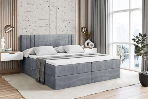 ALTDECOR Boxspringbett mit Matratze und Lattenrost, Boxbett, Topper, Polsterbett mit Bettkasten, Bett mit Stauraum H4-Matratze, Doppelbett, Springboxbett - IDRIKO - 180x200 - Grau Samt