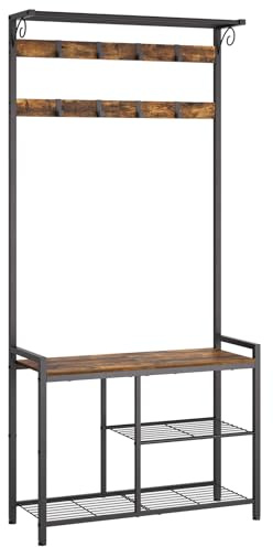 YATINEY Coat Rack Shoe Bench, 4-in-1 Hall Tree with Storage Shelves and Hanging Rod, Entryway Storage Organizer with 8 Movable Hooks, for Entryway, Hallway, Corridor, Rustic Brown and Black MT12BR