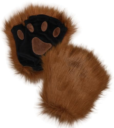 Focupaja Guantes de Gato Lindo Oso Lobo Patas Peluche Faux Animal Cosplay Guantes sin Dedos Guantes de Invierno Cálido Talla única Camel