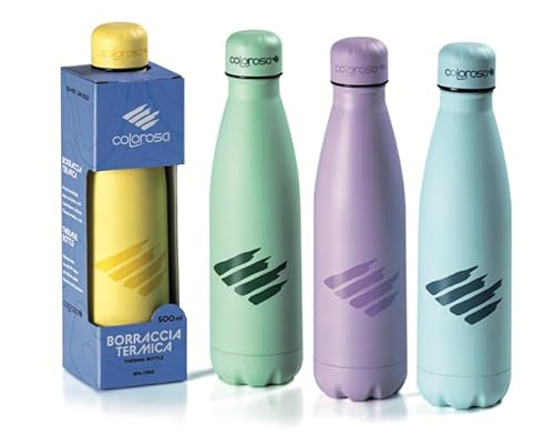 colorosa Borraccia termica in acciaio inox 500ml - chiusura ermetica - Mantiene caldo 12 ore/freddo 24 PASTEL colore tinta unita (Giallo Pastello)