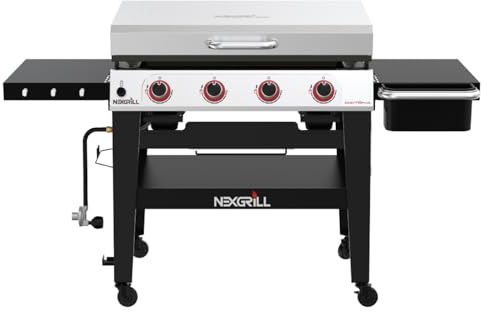 Nexgrill Daytona 4-Burner Propane Gas Griddle with Side Tables, 60000 BTU Flat Top Grill, 756 SQ In. Hot-Rolled Steel Cooking Space, Outdoor Cooking Barbeque, Black with Stainless Steel Lid - 720-1058