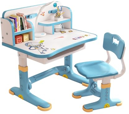 Bigougem Kinder-Schreibtisch- und Stuhl-Set, Cartoon, höhenverstellbar, Lernschreibtisch mit Schubladen und Ablagefächern, gebogener Schreibtisch, Lese-/Schreibtisch für Jungen, Blau