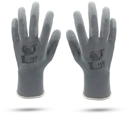 Work Gloves, PU coated Safety Nitrile Nylon Gloves, Secure Grip on Palm & Fingers Gardening Building Mechanic Gloves, Suitable for General Duty Work, Protective Hand Glove (Pack of 12 Pair-Large)