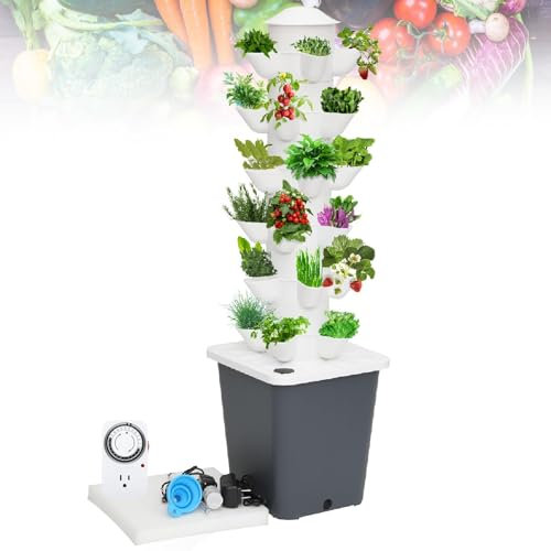 CHEMYO Système De Culture Hydroponique pour Herbes, Fruits Et Légumes D'intérieur, Tour Aéroponique De Jardin avec Pompe Hydratante, Adaptateur, Pots en Filet Et Minuterie