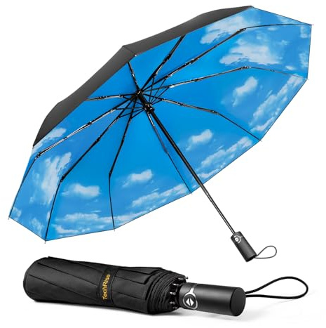 TechRise Paraguas Plegable, Paraguas Automático Resistente al Viento y Compacto con 10 Varillas, Apertura y Cierre Automáticos Con un Botón, Paraguas de Viaje Portátil para Hombres y Mujeres, Cielo