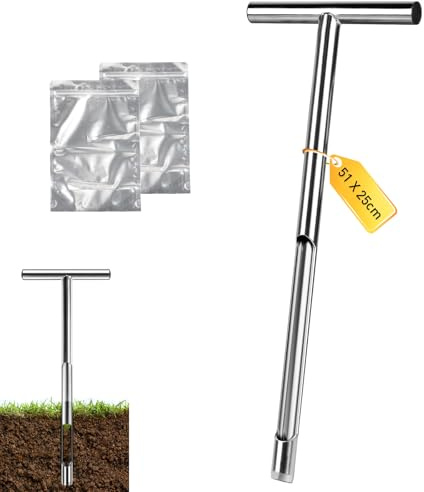 SUPAWAY Muestreador suelo 51 cm acero 304 - Sonda en T 2.5 mm con 2 bolsas para análisis de suelos agrícolas, forestales, jardinería
