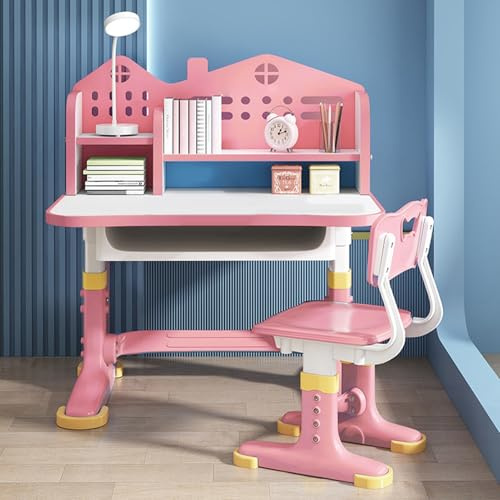 Fukursul Set scrivania e Sedia Funzionale per Bambini - Scrivania da Studio Scolastica per Bambini ad Altezza Regolabile, con tabellone a Tema Castello, scrivania spaziosa e allargata (Rosa) Rosa