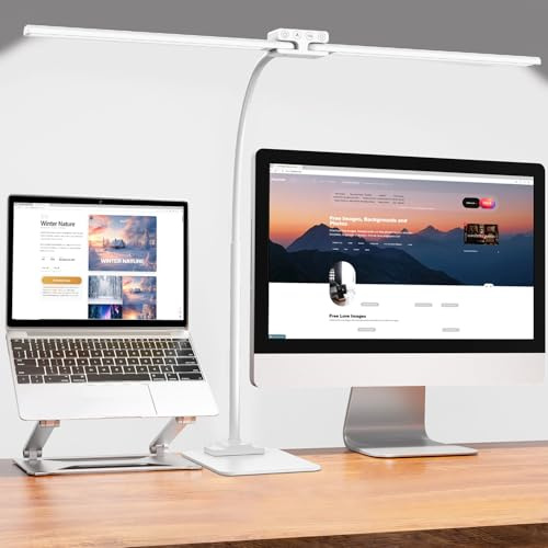 EppieBasic 24W Desk Lamp for Home Office with Base, Led Double Head Desk Lamp with Adjustable Gooseneck, Dimmable Eye-Caring Architect Light for Monitor Work, Study White
