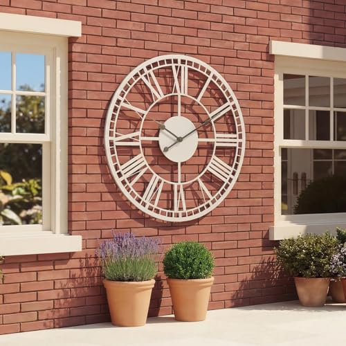 CHARLES BENTLEY Malham Outdoor And Indoor Wall Clock, Grey Coating, Skeleton Design, Metal, Quiet Ticking, Roman Numerals, Giant Open Face, Analog, Patio Clock, Living Room, Kitchen (90x90x4.8cm)