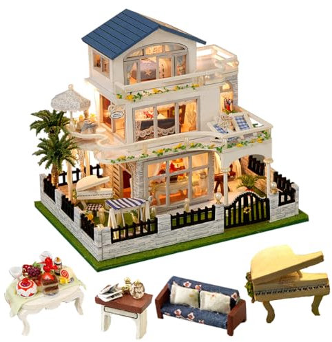 TOPBSFARNY Maison de poupée miniature en bois style européen Villa Maison DIY Kit maison de poupée Villa Bâtiment 3D Modèle Créativité Cadeaux pour ami et parents