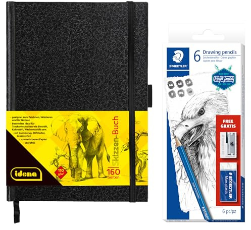 Idena 90348 - Skizzenbuch DIN A5 mit 160 Seiten, blanko, inkl. STAEDTLER Skizzen Set mit 6 Zeichenbleistiften, Anspitzer und Radiergummi