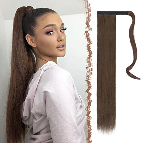 FESHFEN Pferdeschwanz Haarteil - Lang Glattes Zopf Extensions Synthetik Haarverlängerung Mittelkastanien Braun Haar Ponytail Extension für Damen, 70 cm