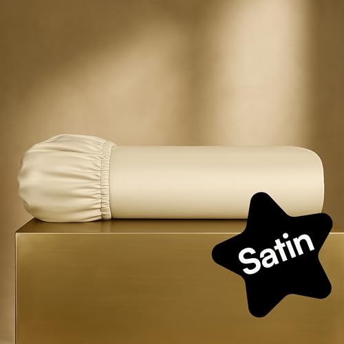 Spannbettlaken 90x200 Creme (Bio-Baumwolle, ungefärbt mit sichtbaren Baumwollsamen) | Mako Satin Bettlaken | Einfarbig | Hotelqualität
