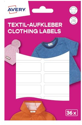 AVERY Zweckform ETVET36 Namensaufkleber wasserfest für Kleidung 36 Stück (13x45mm, Vinyl-Folie, selbstklebende Textil-Etiketten, beschriftbare Textilaufkleber, für Waschmaschine, Trockner) weiß