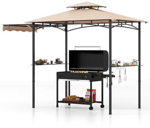 Tangkugel 11 x 5 Fuß Grillpavillon mit Seitenmarkise, 2-lagige Grillpavillon mit 2 Regalen, 12 hängenden Haken, Flaschenöffner, Grill-Außen-Grill Vordach für Garten, Schwimmbad (beige)