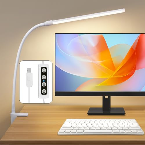Homefire Schreibtischlampe LED Klemmbar Weiß Schreibtisch Lampe Bürolampe | USB 5W Tageslichtlampe mit 3 Farbtemperatur 5 Helligkeitsstufen Flexibel Tischleuchte Arbeitsplatzleuchte Klemmlampe für Büro