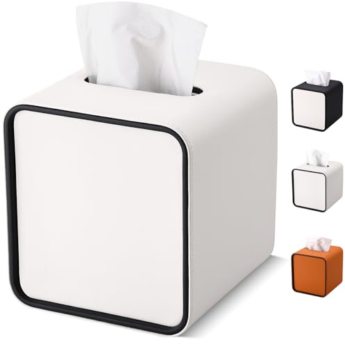 GORESE Taschentuchbox,Leder Quadratische Kosmetiktücherbox Papiertaschentuchhalter Taschentuchspender Tücherbox Tissue Box für Büro, Zuhause, Auto, Badezimmer(Weiß)