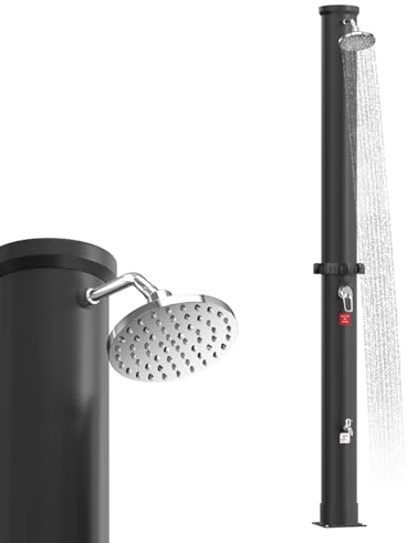 UISEBRT Soldusch, 40 liter, soluppvärmd trädgårdsdusch, 216 cm hög, svängbart regnduschhuvud, max. 60°C, utomhusdusch med vattenkran och anslutningssats för pool, trädgård och camping (svart)