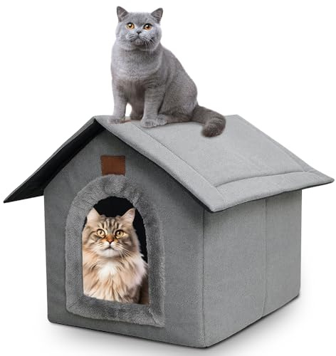Katzenhaus Für Draußen Winterfest Wasserdicht, 40 * 35 * 40CM Katzenhaus Outdoor, Wasserdicht Wetterfester Katzenhöhle Haustierhaus mit Plüschkissen Und herausnehmbarem Dach für Katzen und Hunde