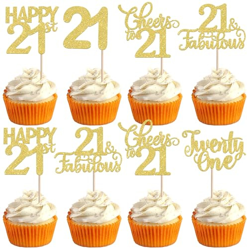 SYKYCTCY 30 Pack Happy 21st Birthday Cupcake Toppers Glitter Twenty-one Cheers to 21 Cupcake Picks 21 Fabulous Cupcake Decorations for Birthday Anniversary Party Supplies