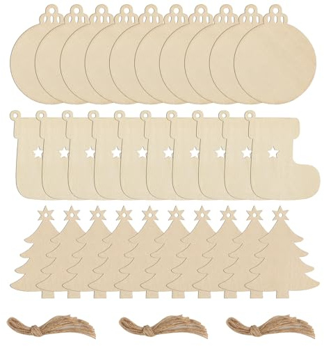 30Stück Christbaumschmuck Holzanhänger zum Bemalen, Weihnachten Basteln,Holz Weihnachtskugeln zum Bemalen, Weihnachtsanhänger, Weihnachtsstiefel/Weihnachtsbaumschmuck für DIY Handwerk Geschenkanhänger