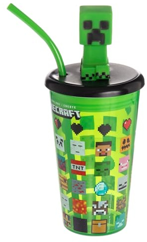 Minecraft Creeper 3D Figure Lid Cup with Straw 600ml – Official Kids Drinking Cup BPA‑Free, Screw‑Top Lid, Green Creeper Design | Officially Licensed Merchandise