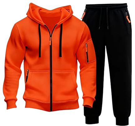 Men's Tracksuits 2 Piece Outfits Men's Fleece Lined Hooded Sweatshirt and Sweatpants Casual Sports Set with Zip Up Cardigan Jacket Cuffed Sweatpants Long Sleeve Full Zip Jacket Suit(Orange, XL)
