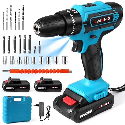Taladro atornillador inalámbrico de 21 V, atornillador desatornillador con baterías, 1300 x 5 mAh, 32 N.m percusión, 25+3 ajustes de par, 24 accesorios, 2 velocidades, LED, para proyecto de bricolaje