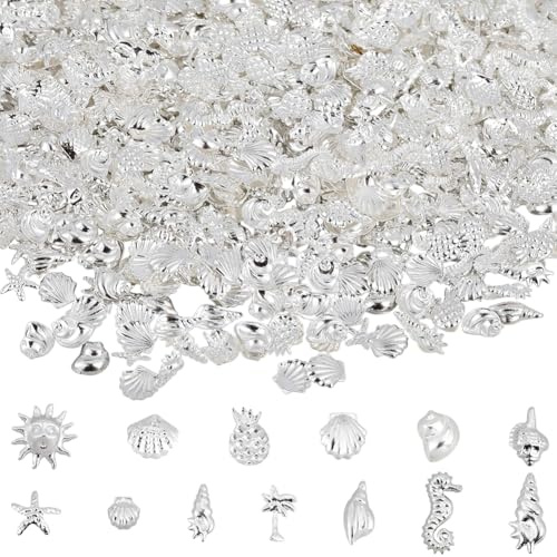 SUNNYCLUE 1 caja de 1300 adornos para Uñas con Forma de Océano, 13 estilos, Gemas para Uñas, Metal Plateado, Latón, Caracolas de Verano, Caballitos de Mar, Estrellas de Mar, Vida Marina, Decoración de