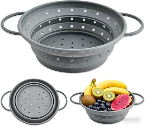 Escurridor Plegable, 28cm Colador de Silicona Reutilizable | Colador de pasta plegable Escurridores Plegables Portátiles con asaspara Pasta,Fruta,Verdura (Gris)