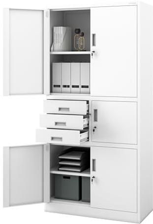 Jan Nowak Aktenschrank Büroschrank mit Tresor, 3 Schubladen, 185x90x40 cm | Metallschrank mit Zahlenschloss für 30 Ordner, 3 abschließbare Schubladen, Stahl 0,6 mm, Wandmontage möglich