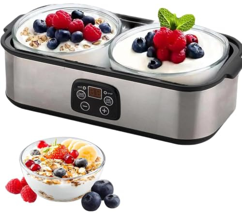 Yogurtiera Automatica da 2000 ml con 2 vasetti di Vetro, Yogurtiera in Acciaio Inossidabile con Display a LED, Controllo Tempo e Temperatura Regolabile fino a 48 Ore, per Yogurt Biologico Fatto in Cas