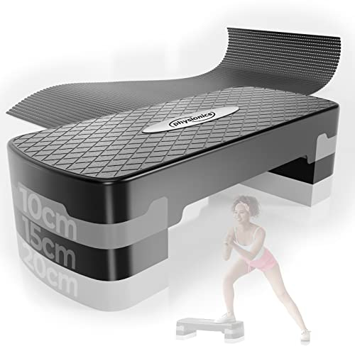 Physionics® Aerobic Steppbrett - 3 Stufen (10/15/20 cm), höhenverstellbar, Anti-Rutsch Gummibezug, max. 200kg - Fitness Stepper, Stepboard, Stepbank, Stepbench, Step Cardio Workout für Zuhause