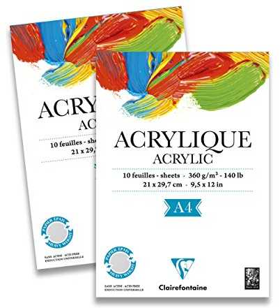 Clairefontaine 96308C - Zeichenblock Acrylpapier DIN A4 21x29,7 cm, einseitig geleimt, 10 Blatt 360g, starke Kern- und Oberflächenleimung, für Acrylmalerei & Gouache, Weiß, 1 Block