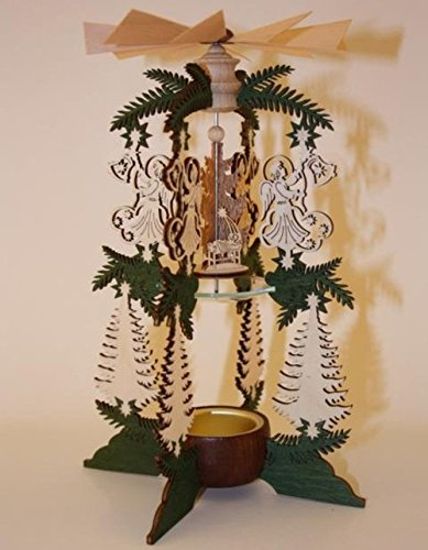 Tea Light Pyramid 2-Tier Branches Green - Motif / Angel / Mary - Joseph Christkind Original Ore Mountains 11.5 x 24 cm