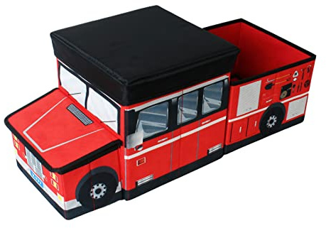 TE-Trend Faltbare Feuerwehr Auto Aufbewahrungsbox Ordnungsbox Spielbox Kinder Jungen Spielzeugtruhe Hocker Deckel rot mehrfarbig